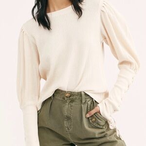 Free People Tasha Cream Ribbed Women's Top Medium Puff Sleeve